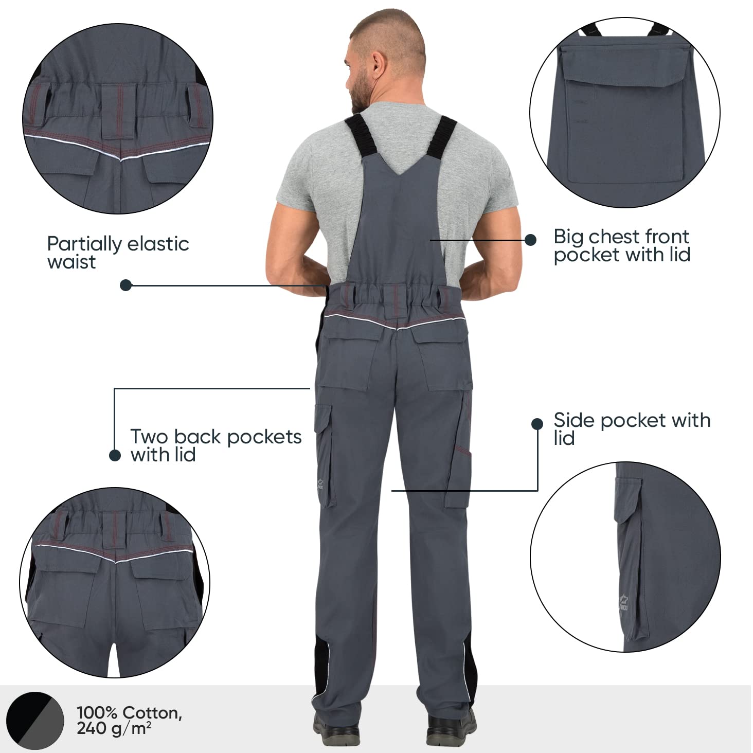 BWOLF Raptor Salopette da Lavoro Uomo 100% Cotone, Tasche Laterali Multifunzionali, Tasche Posteriori e Strisce Riflettenti
