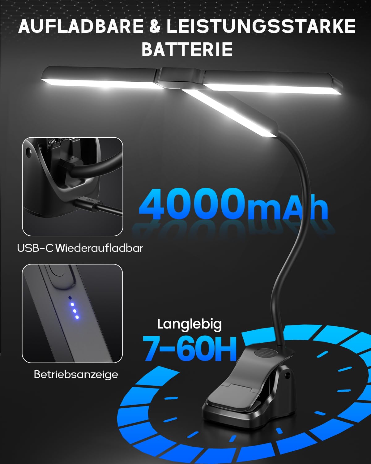 Ultrabreit 36CM Notenpultleuchte Mit Clip, 57 LEDs Superhell, 4 Farben x 3 Helligkeit, Faltbare T-Förmige Klavierlampe für Noten und Buch lesen, USB-C Wiederaufladbar