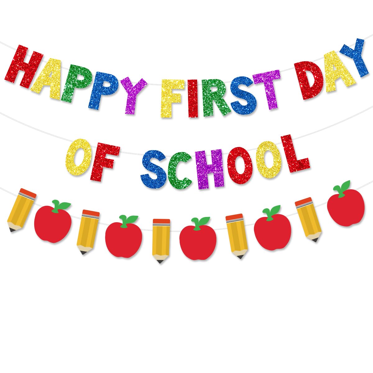 Happy First Day of School Pre-Strung Decorations Banner for Classroom Teacher Office Back to School Pencil Apple Garland NO DIY