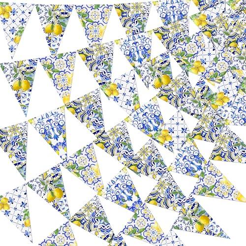 Image of 6PCS Amalfi Coast Party Decorations: Capri Lemon Garland Mediterranean Decor, Italian Themed Blue Tiles and Yellow Banner for Bridal Shower, Summer Birthday