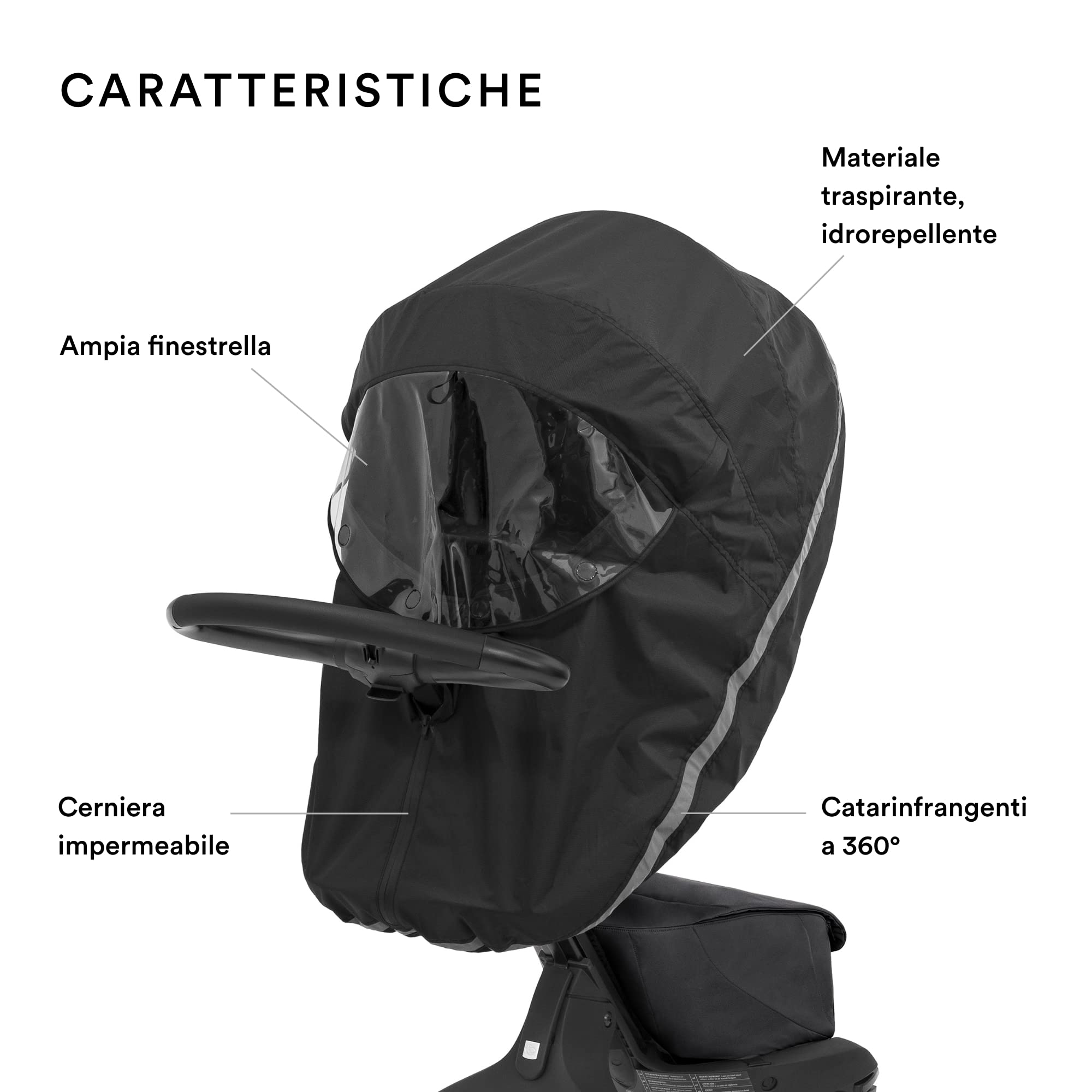 Parapioggia Stokke Xplory X, Nero - Mantiene asciutto il bambino - Facile da usare, Trasportare e Conservare - Ventilazione integrata, Ampia finestrella e catarinfrangenti per una maggiore sicurezza