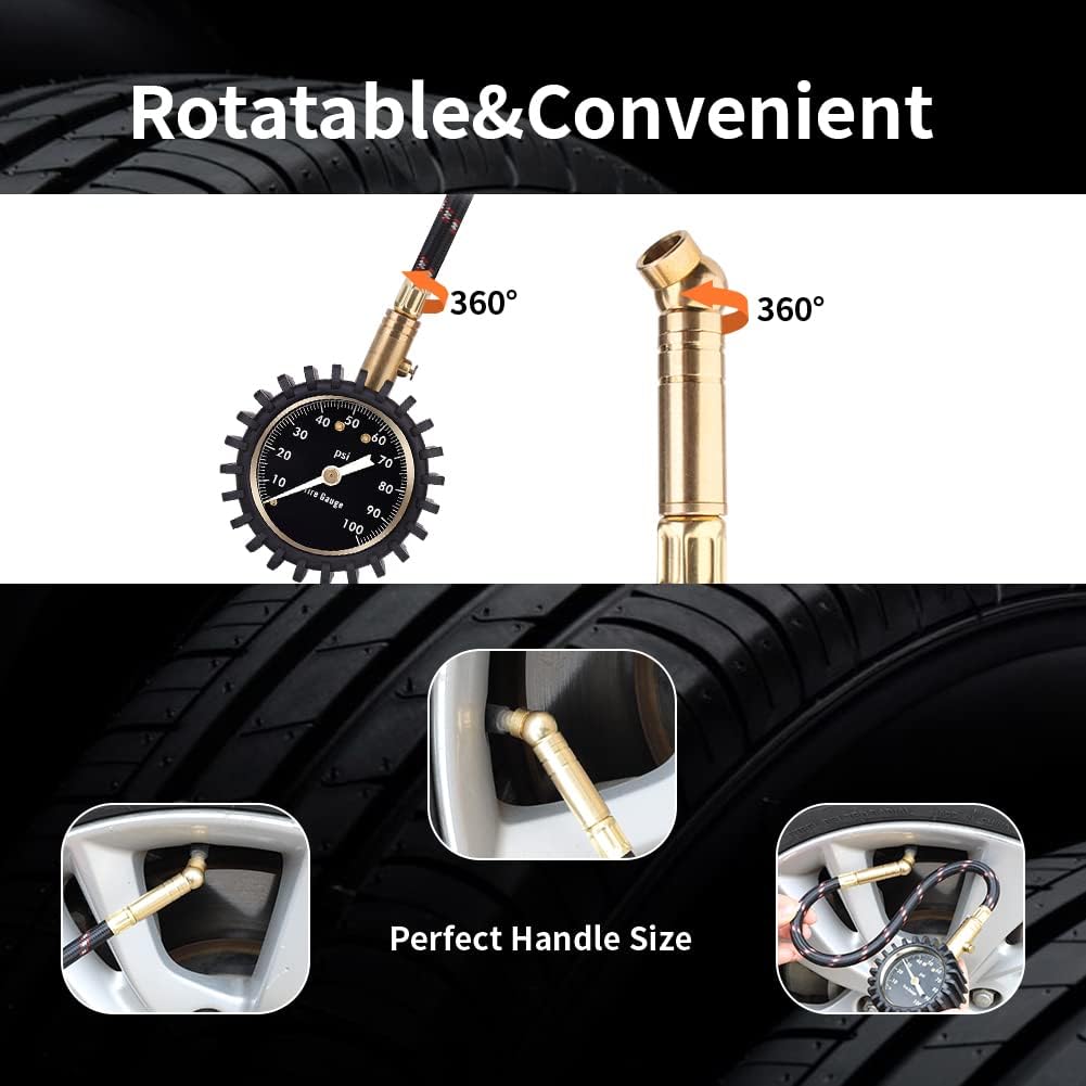 RVZONE Tire Gauge 0-100 PSI Heavy Duty Tire Pressure Gauge Long Hose Certified ANSI Accurate with Large Easy to Read Glow Dial, Low to High Air Pressure Tire Gauge for RV, Bicycles, Cars, Trucks : Automotive