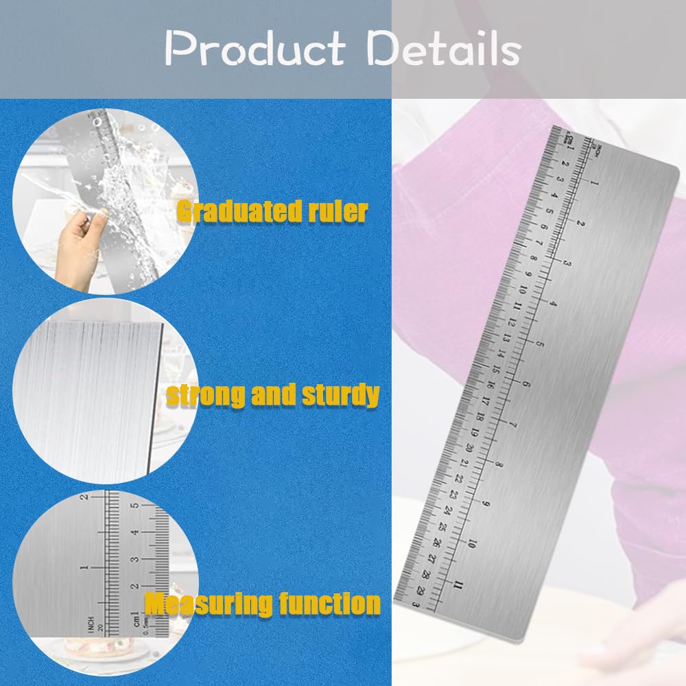 LUHUUIZEYU - Rascador de tartas de acero inoxidable con escala, raspador de borde de rayas para pasteles, herramienta raspadora para hornear para medir pasteles, peine de decoración de crema de