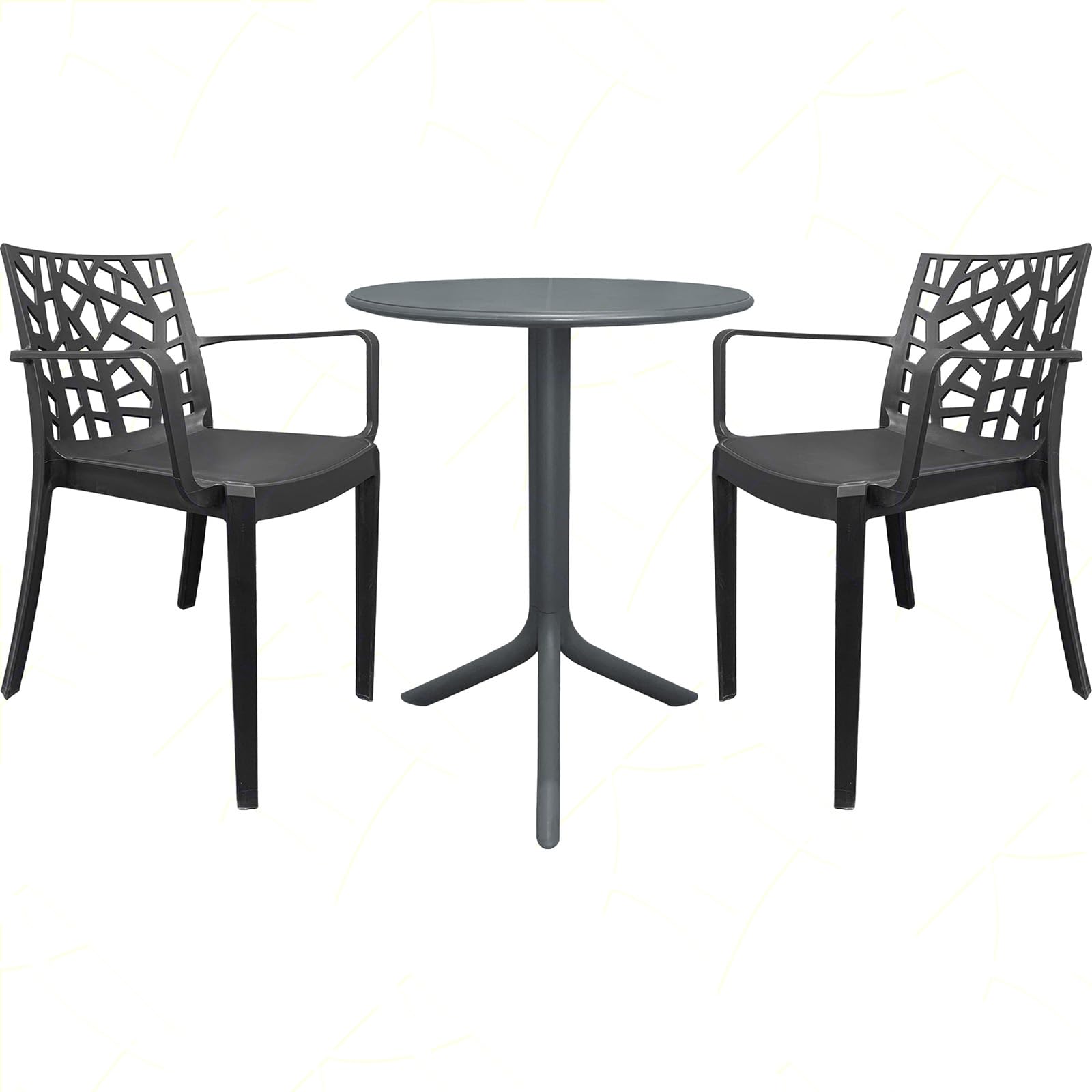 Sicignano | Set 2 Poltrone con Tavolo Tondo, 3 Pezzi, Plastica, Completo Scuro, con Braccioli - Impilabile, Resistente agli UV, Arredo Interno Esterno Bar Pub Giardino Terrazzo, Made in Italy