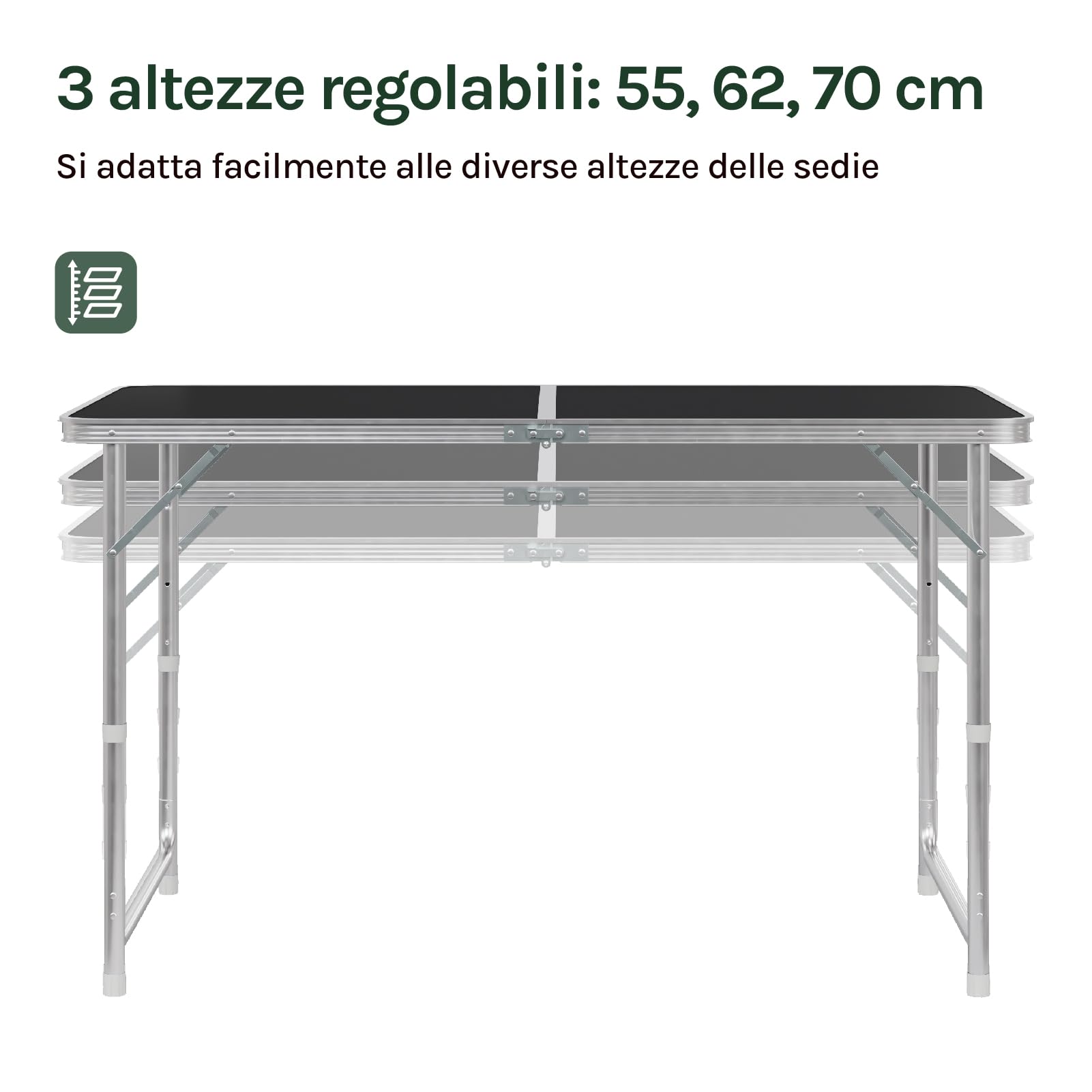 WOLTU Tavolo da Campeggio Pieghevole Portatile con Maniglia per Picnic Giardino Altezza Regolabile in Alluminio MDF 120x60x55/70cm
