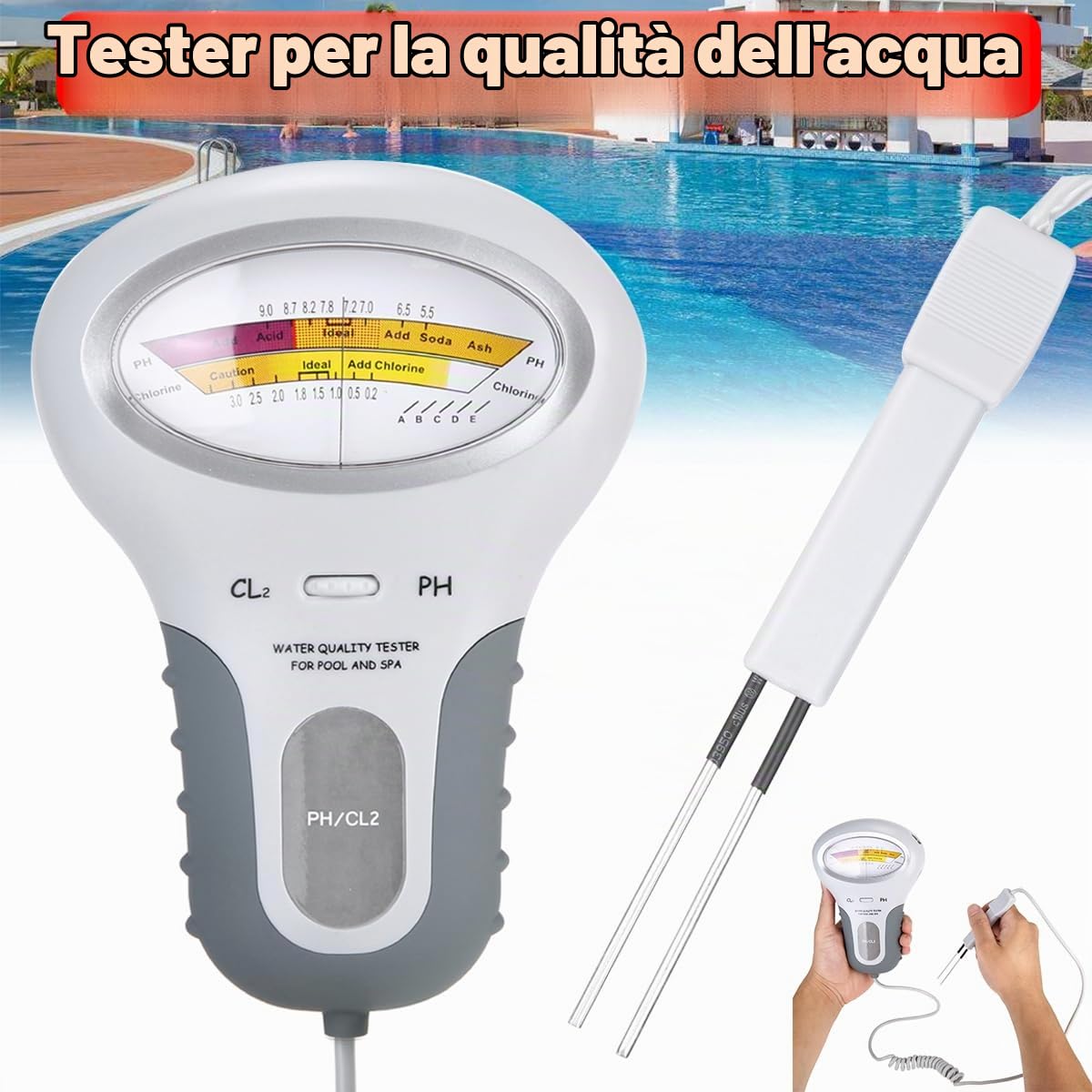 Tester di qualità dell'acqua, analizzatore digitale spa idromassaggio, tester 2 in 1 PH e Cl2, tester di livello di riempimento, misuratore di qualità dell'acqua per piscina spa, monitoraggio della
