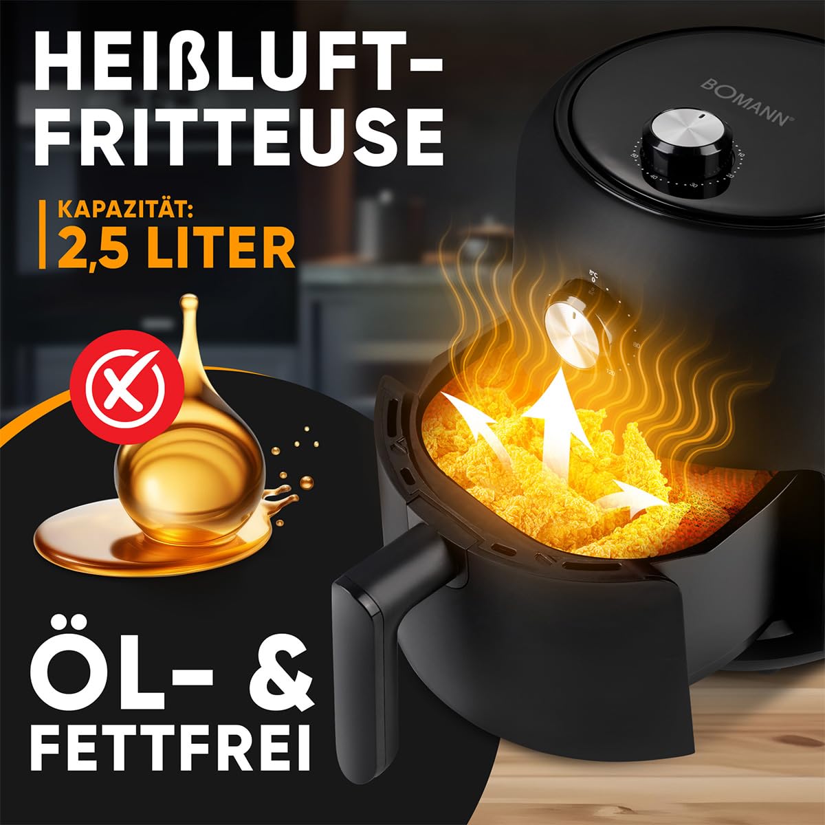 Bomann, Freidora de aire caliente 2.3L Negra FR6076HCB - Cocina saludable sin aceite, Termostato regulable 80-200°C, Temporizador 60 min, Antiadherente, Protección contra sobrecalentamiento