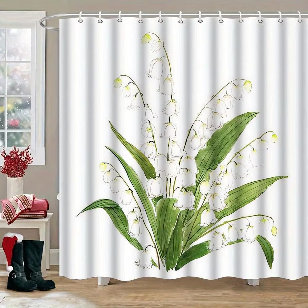 Duschvorhang mit Haken, Aquarell, Maiglöckchen, Weiß 220x210cm/Breite x Höhe Duschvorhang aus Stoff, Elegantes Blumendesign