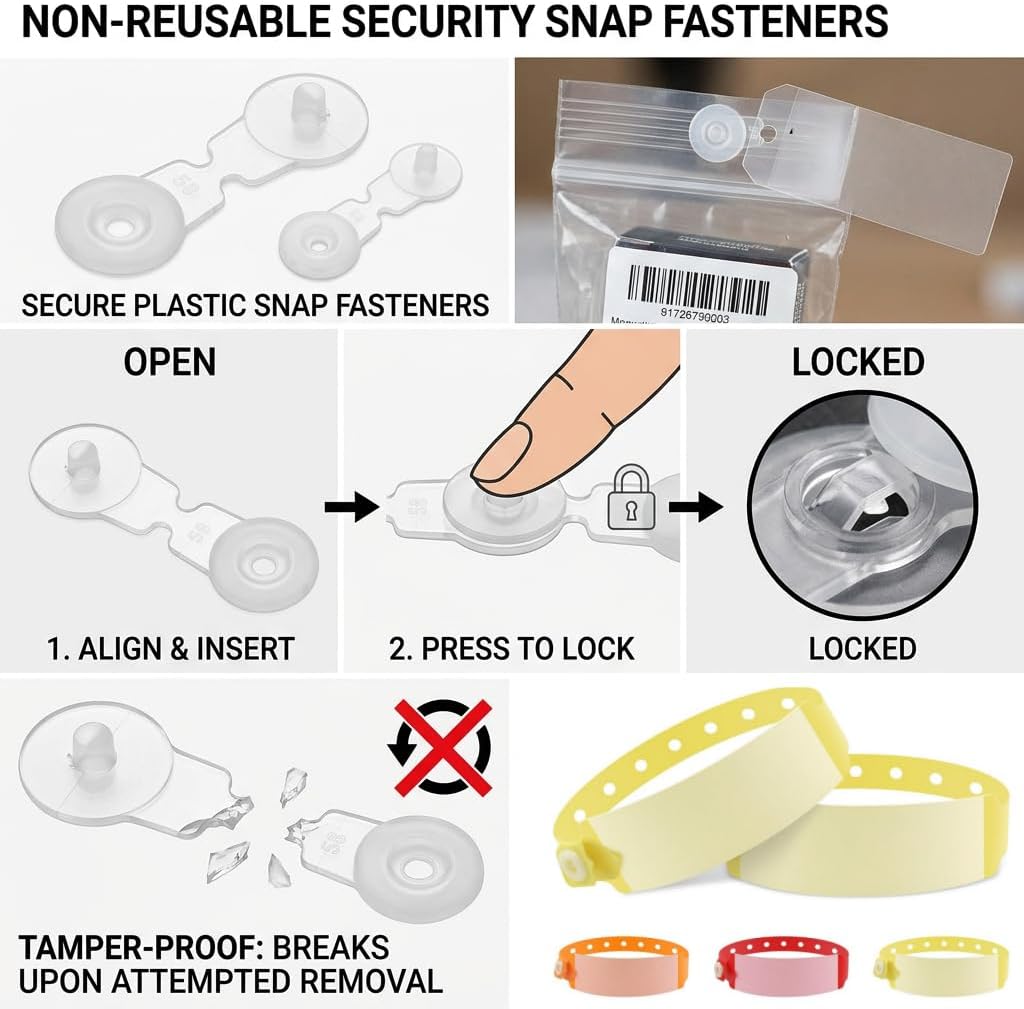 100 Pack Disposable Wristband Snap Buckles, Hospital Wristband Secure Lock Clips, Vinyl Wristband Fasteners for Hospital Patient ID, Events, Concerts, Waterparks & Festival Admission Bracelets