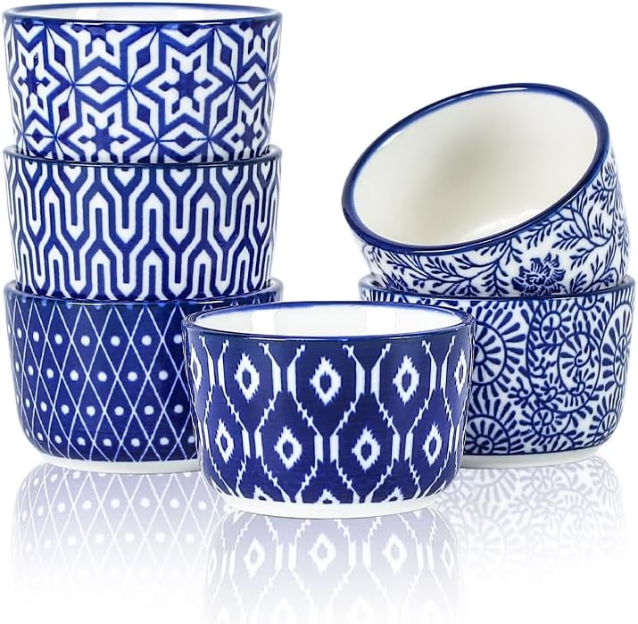 Ceramic Mini Ramekins, 2 OZ Creme Brulee Ramekins Oven Safe, Dipping Sauce Cups for Condiments Side Dish, Set of 6, Vintage Blue