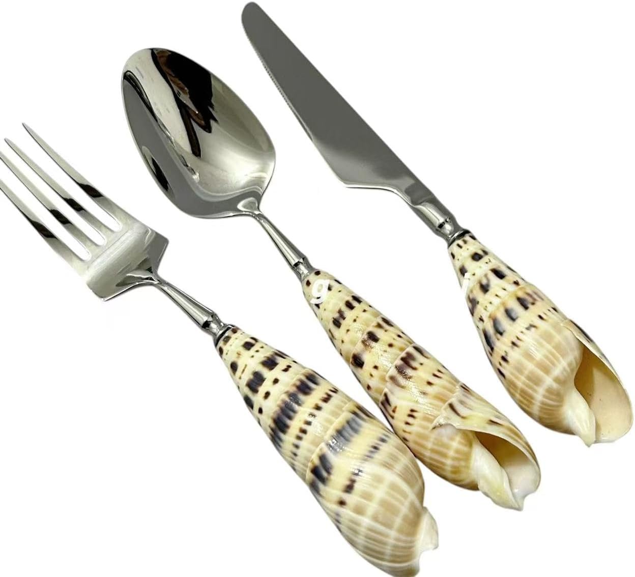 Seashell Handle Flatware Set, Stainless Steel, Fork, Spoon and Knife, Nautical Beach Theme (A)