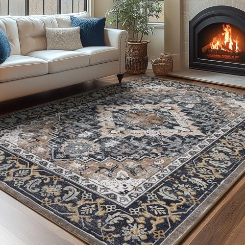 Lessymo 8 x 10 Area Rugs for Living Room, Machine Washable Area Rugs Boho Faux Wool Low Pile Area Rug for Bedroom, Floral Medallion Vintage Rugs with Non-Slip Rubber, Kid & Pet Friendly,Black Brown