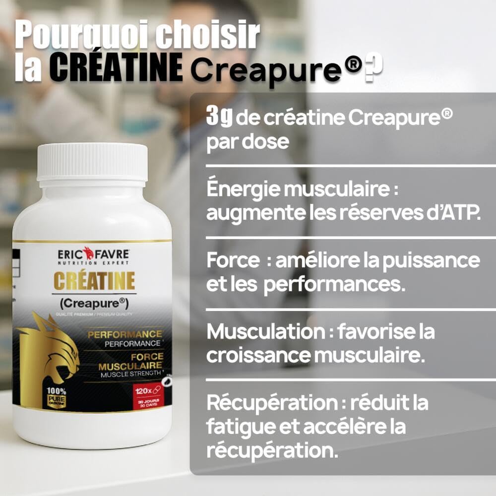 CRÉATINE MONOHYDRATE CREAPURE® - 120 Gélules Végétales - 100% Pure & Hautement Assimilable - Puissance, Explosivité & Performances Sportives - Créatine Brevetée Premium - Cure 30 Jours - Eric Favre