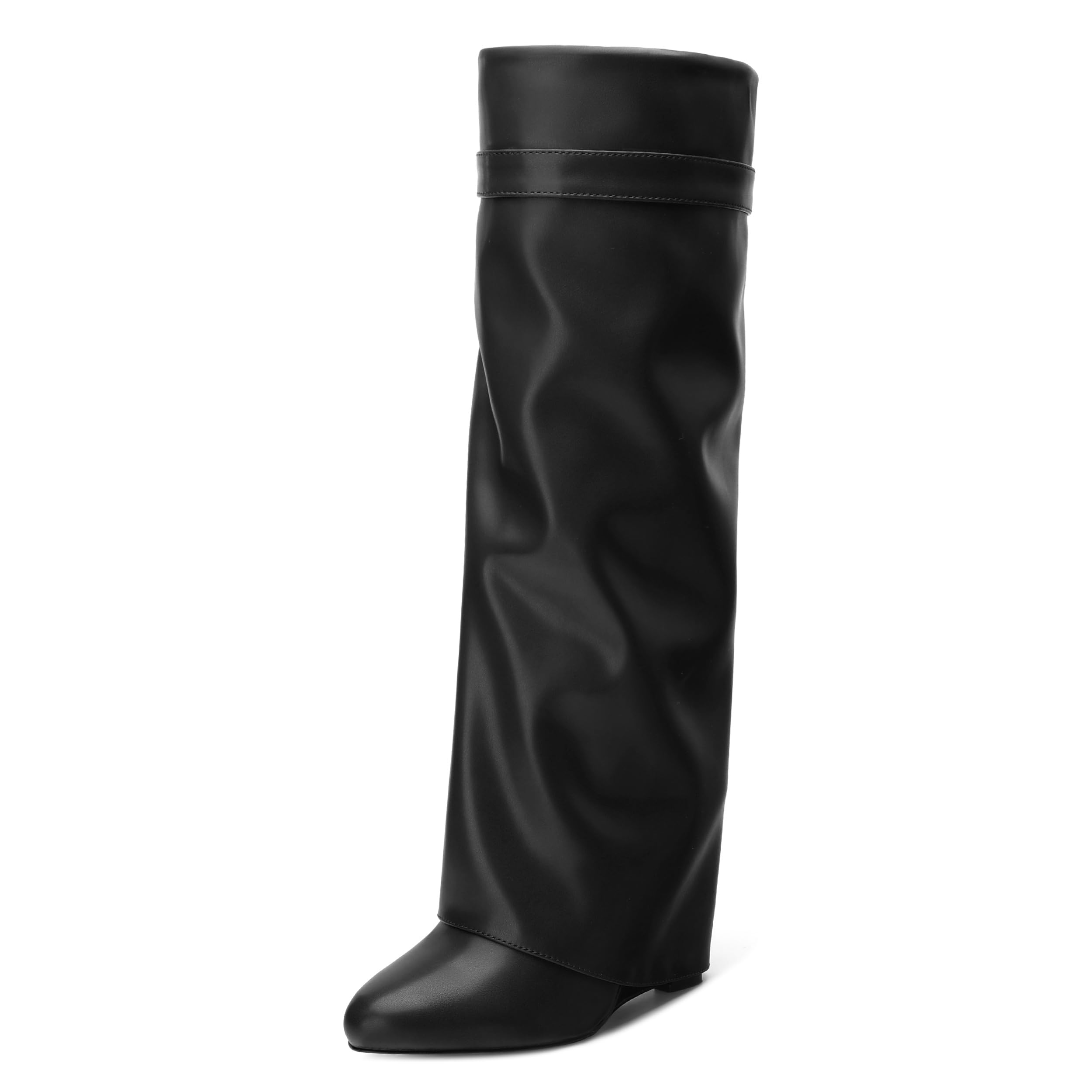 Fold Over Wedge Boots for Women Knee High Zipper Round Toe Tall Boots Wide Calf High Heel Long