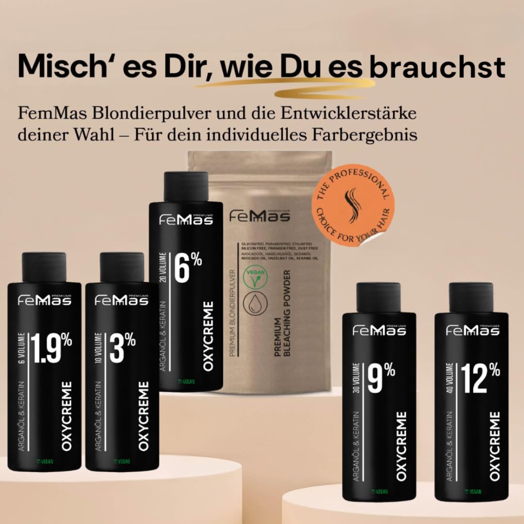 FemMas Blondier-Set: Premium Blondierpulver 100g & Oxycreme 100ml| Perfektes Starter Set für blonde Haare | für bis zu 9 Tonstufen hellere Haare in Salon Qualität (Blond, 6%)