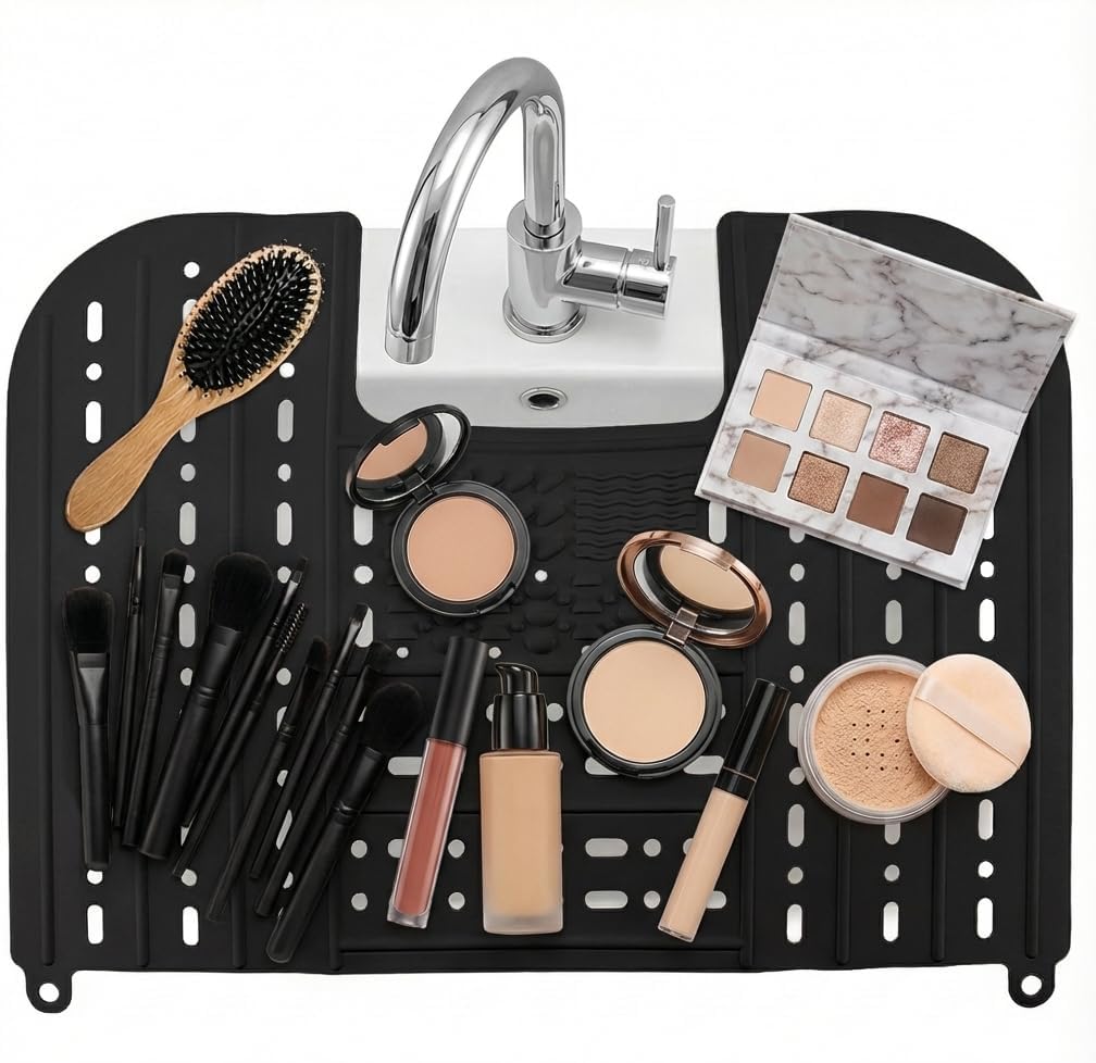 Sink Foldable Cover, Bathroom Sink Top Cover Space Saver, Silicone Makeup Organizer Mat for Over Countertop Bathroom Accessories (Black)