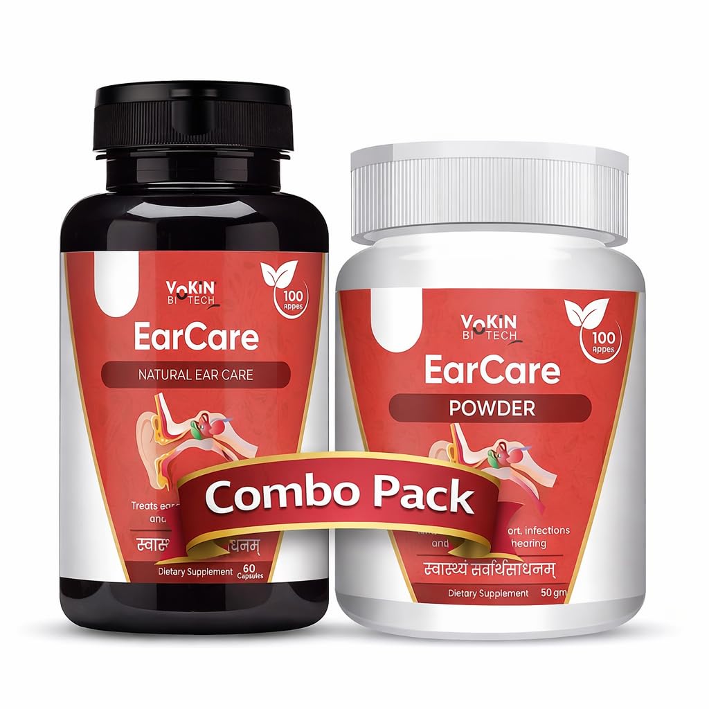 Vokin Biotech EarCare Combo Pack – Natural Ear Wellness Capsules (60) + Herbal Powder (50g) | Ayurvedic Dietary Supplement | Supports Ear Comfort & Daily Wellness
