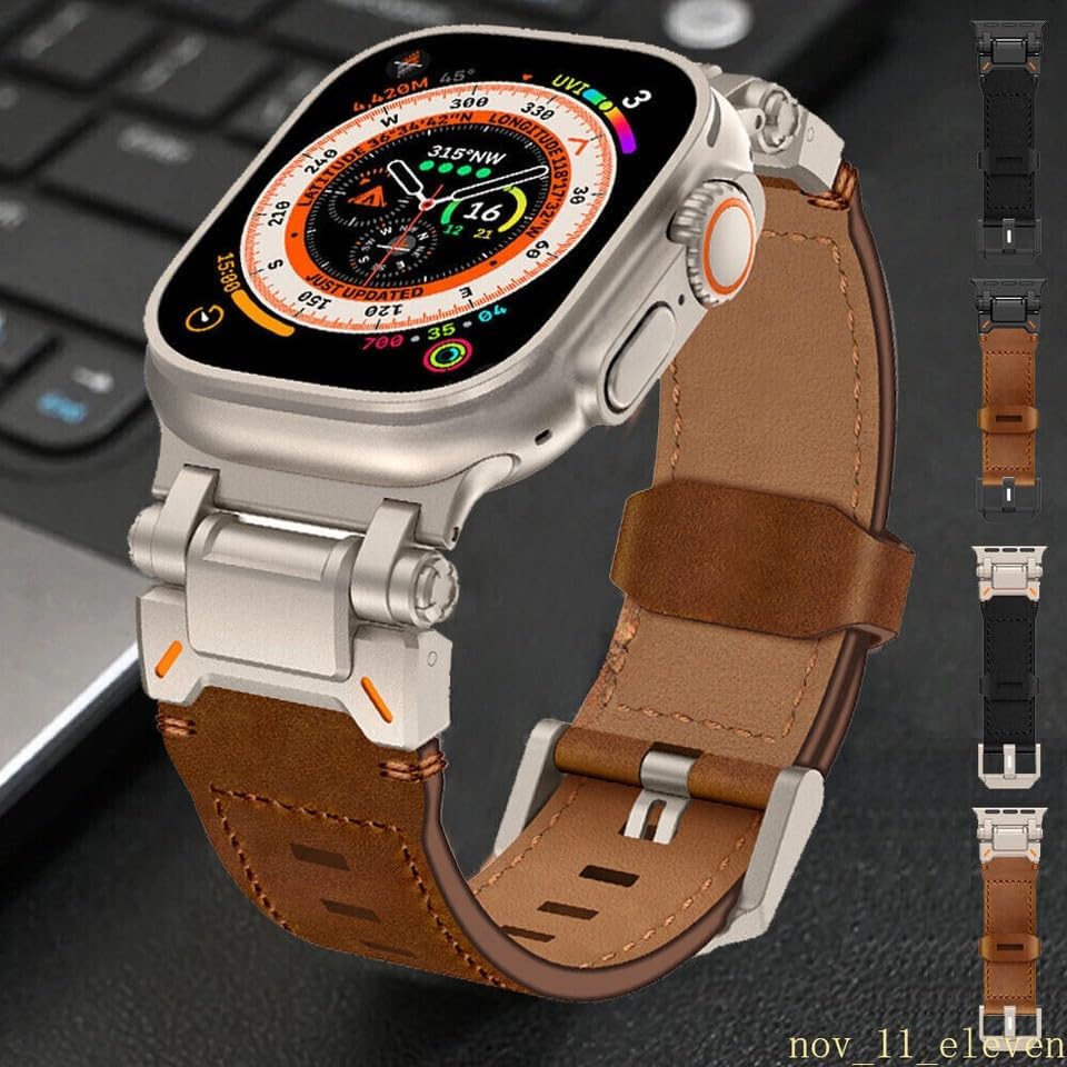 Generic Compatible with iWatch Series 49mm (Color: Black+Black Genuine Leather Strap Band Case