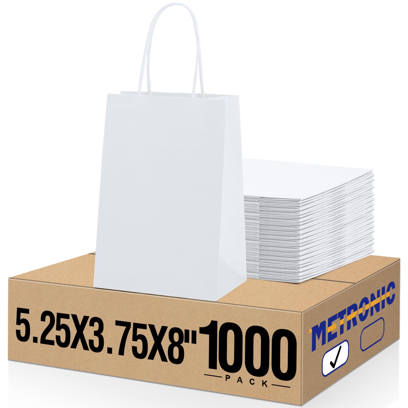 METRONIC White Paper Gift Bags with Handles, 5.25x3.75x8 inches, 1000 Pcs