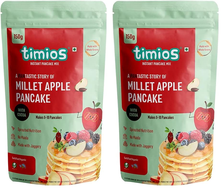 Image of Timios Organic No Maida Millet Pancake Mix-Apple with Cocoa|Made with Whole Grains, Jaggery and Sprouted Nutrition| Instant and Healthy Breakfast,300gm (Pack of 2)