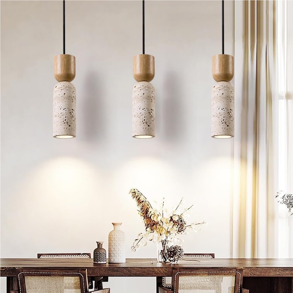 Lampada a sospensione vintage a testa singola a moderna a cilindro in travertino Stile giapponese Piccoli apparecchi di illuminazione in legno massello for ingresso camera da letto soggiorno
