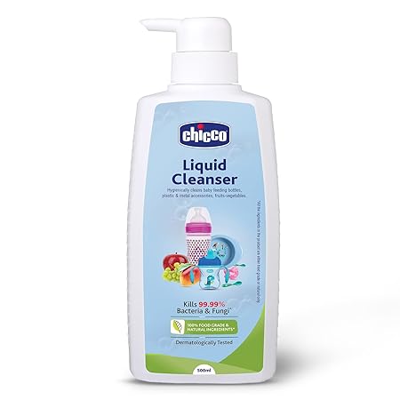 Chicco Liquid Cleanser, 500ml | Wash for Feeding Bottle, Accessories, Fruits & Vegetables | 100% Food Grade & Natural Ingredients | Kills 99.99% Bacteria & Fungi | Baby Safe, Dermatologically tested