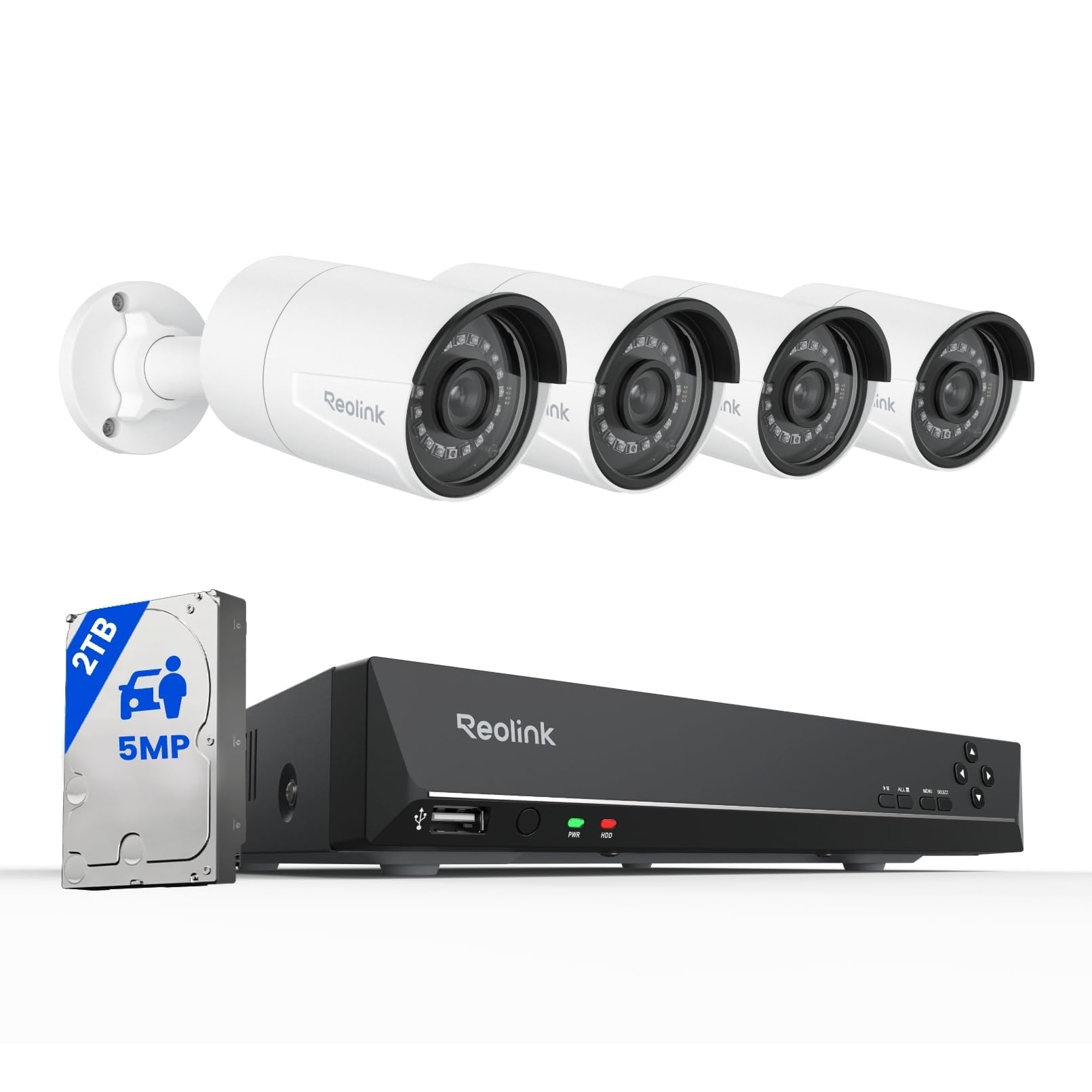 Reolink 8CH 5MP PoE Home Security Camera System, 4 Wired Outdoor IP Cameras, 8 Channel NVR With 2TB HDD for 24/7 Recording RLK8-410B4-5MP