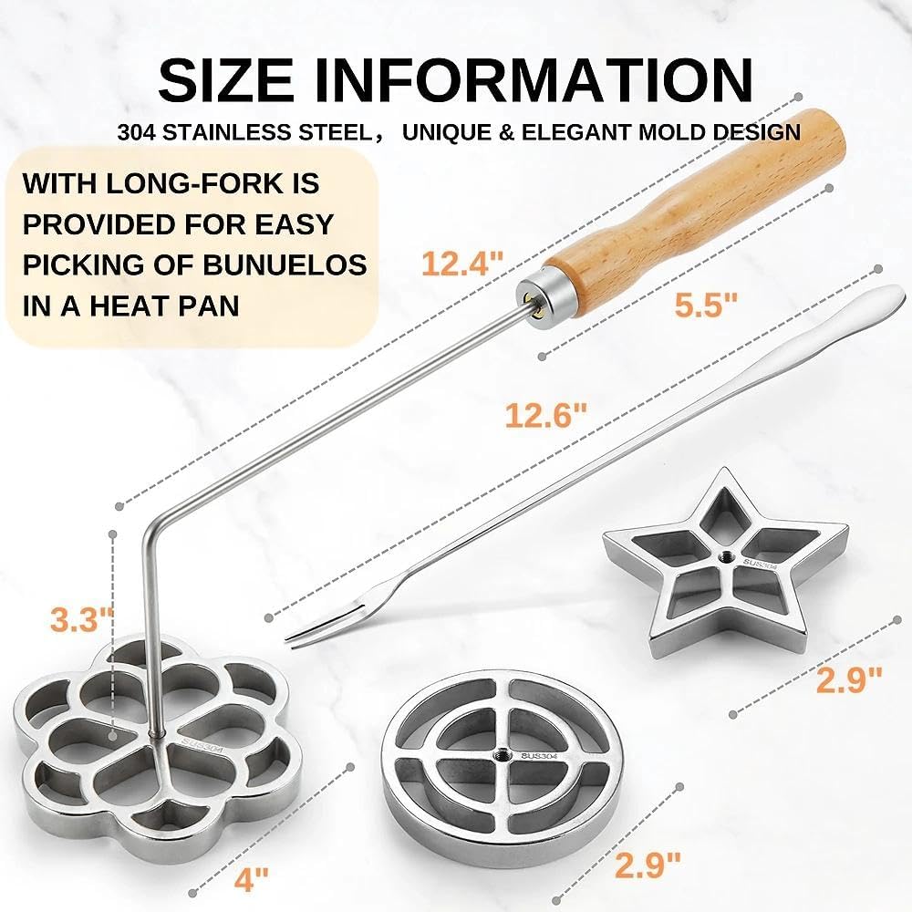 Bunuelos Mold with Handle, 304 Stainless Steel Flower, Round and Star Rosette Molde with Long Fork- Rosette Para Buñuelos De Viento Moldes Mexicanos Tools Set with 3 Interchangeable Heads