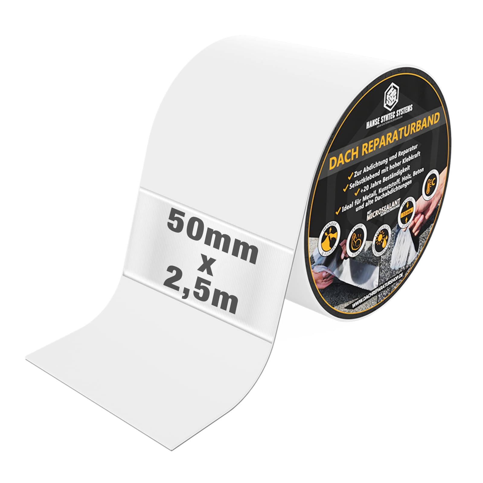 HSS Dach Reparaturband selbstklebend mit MicroSealant Klebstoff – für Dach & Abdichtungen – wasserdichtes Klebeband – Weiß – 50 mm x 2,5 m