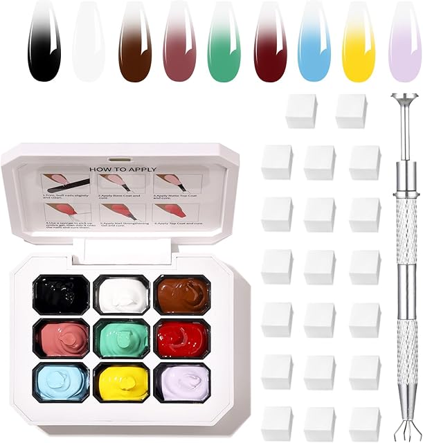Professional Gradient Painting Gel, 9 Colors Ombre Gel Nail Polish With 100PCS Nail Sponges & Grabbing Pen Soft And Easy To Shoot For Acrylic Nails And Natural Nails ,French Manicure DIY Nail Art (A07)