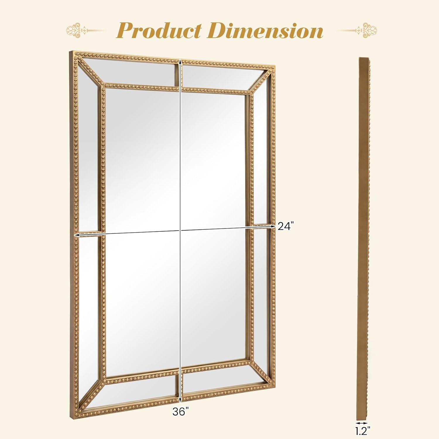 Tangkula 36" x 24" Gold Rectangle Wall Mirror, Decorative Mirror with Beaded Frame for Living Room, Entryway, Fireplace, Bedroom, Modern Vintage Wall Decoration (Rectangle)