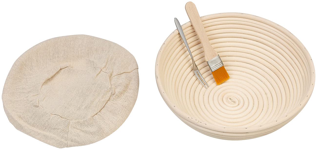 Rosenstein & Söhne Brot Backen Zubehör: 4er-Set Gärkörbe, Ø 25 & 30 cm, Abdecktücher, Gabel, Reinigungspinsel (Brotbackschale, Korb-Schale, Topf)
