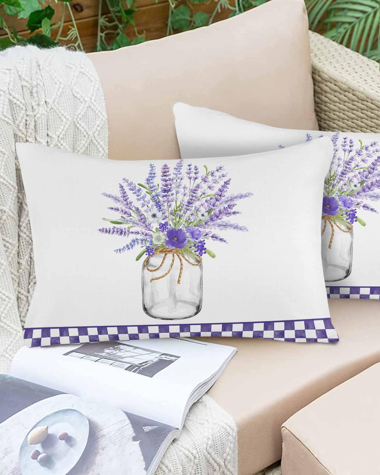 Boanket Lumbar Pillow Covers 12 x 20 Inches, Purple Spring Floral Waterproof Throw Pillow Cover Set of 2, Lavender Botanical Plaid Home Decorative Rectangle Cushion Covers for Patio/Tent/Couch/Garden