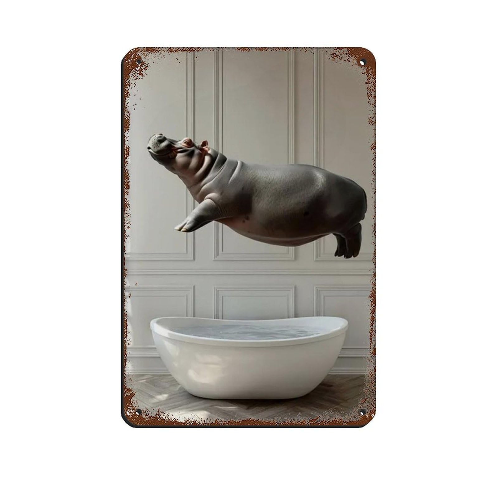 Hippo Jumping Into Bathtub, Funny Bathroom Art Retro Poster Metal Tin Sign Chic Art Retro Iron Painting Bar People Cave Cafe Family Garage Poster Wall Decoration 8x12inch(20x30cm)