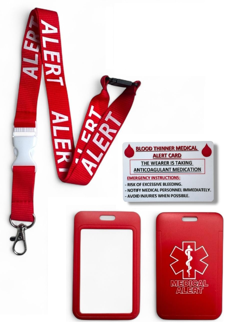 Medical Alert Lanyard with Matching Enclosed Card Holder & Medical Awareness Card (Blood Thinner)