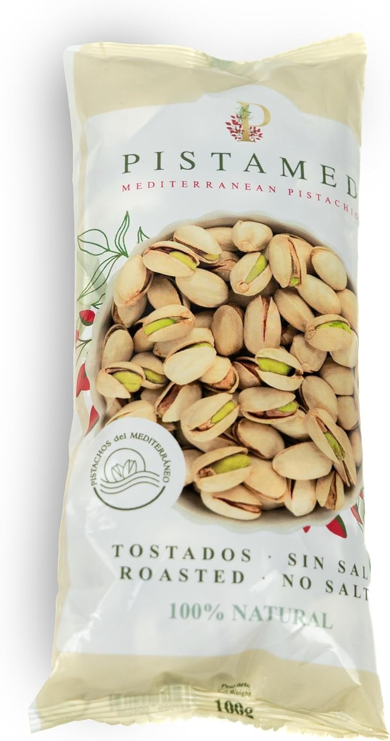 PISTAMED - Pistachos con Cáscara Sin Sal Tostados Artesanalmente - Alto Contenido en Fibra - Apto Veganos y Sin Gluten - Pack 10 x 100 g Formato Individual - Origen España - Snack Natural