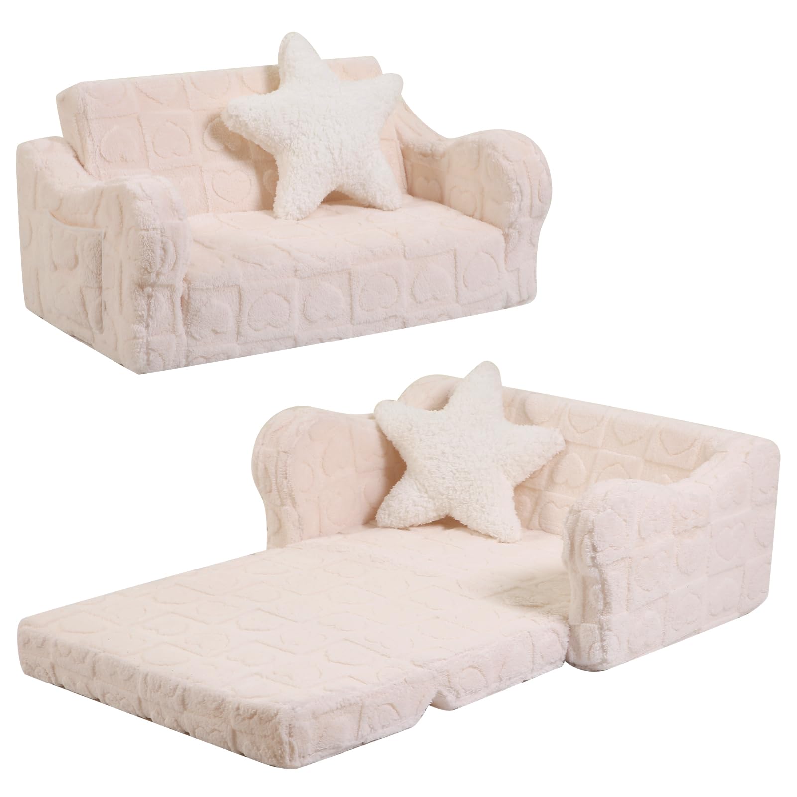 Extra Wider Seating Toddler Couch, 2-in-1 Toddler Soft Couch Fold Out with Star Pillow, Convertible Sofa to Lounger for Girls and Boys, Cream Heart