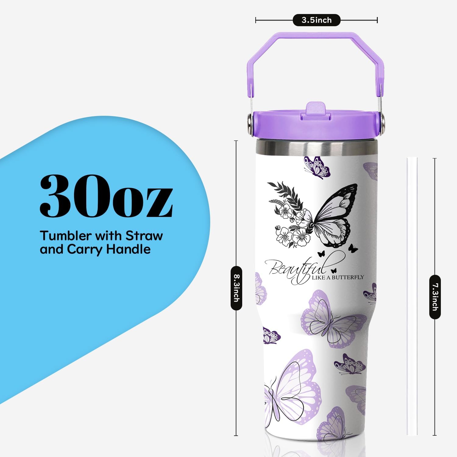 Butterfly Tumbler with Handle and Flip Straw, 30oz Purple Travel Coffee Mug Water Bottle with Lid, Stainless Steel Insulated Cup, Birthday Gifts for Women Animal Lovers