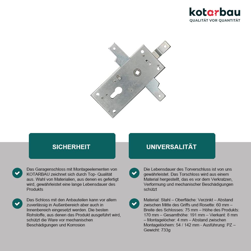 KOTARBAU® Garagenschloss 60 mm Stahl Torschloss Garagentorschloss Profilzylinder für Schwingtore Tortreibriegel Torverschluss Garage Verschluss