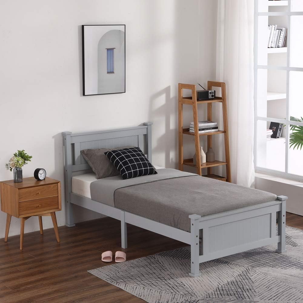 NA Wood Twin Size Bed Frame with Headboard and Footboard No Box Spring Needed, Easy Assembly, Grey
