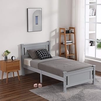 Harmony Twin Size Wood Platform Bed, Dove Gray, Youth Bedroom, Brazilian Pine (Pinus Taeda and Pinus Elliottis), Headboard, Footboard, Side Rails, Slats, Guest