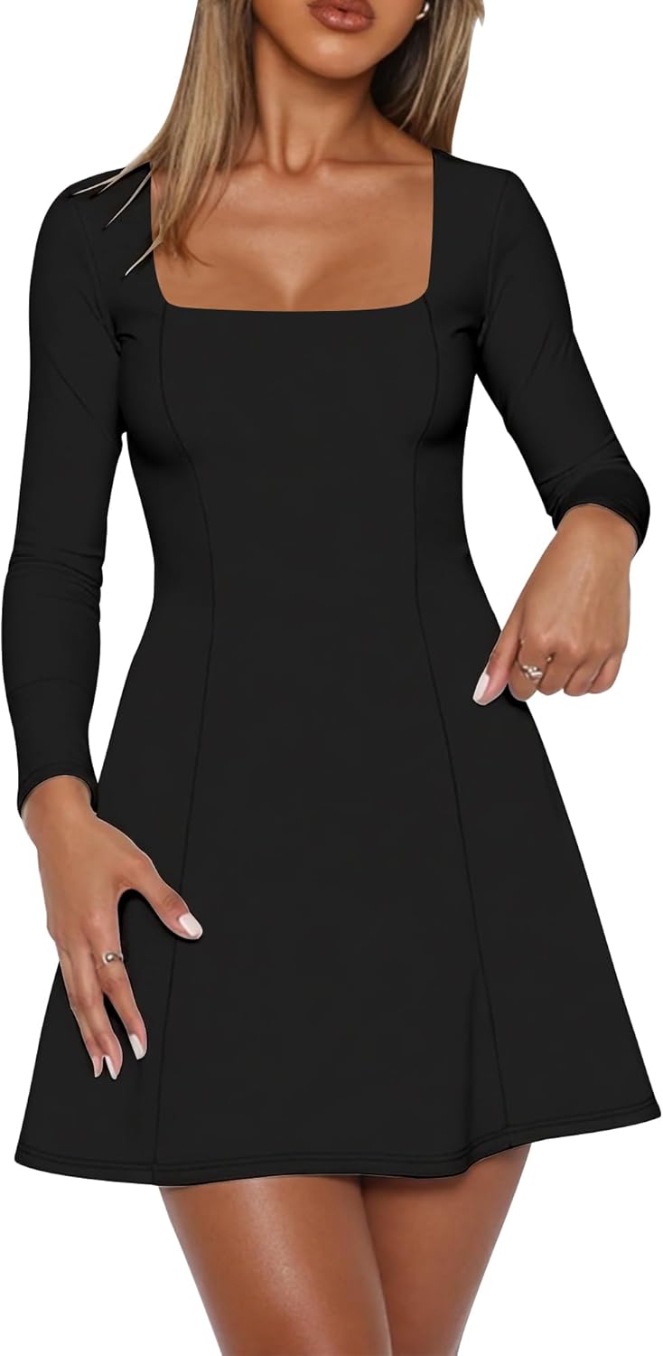 BORIFLORS Women's Long Sleeve Square Neck Mini Dresses Fall Basic Casual A-line Party Short Dress, X-Large, Black