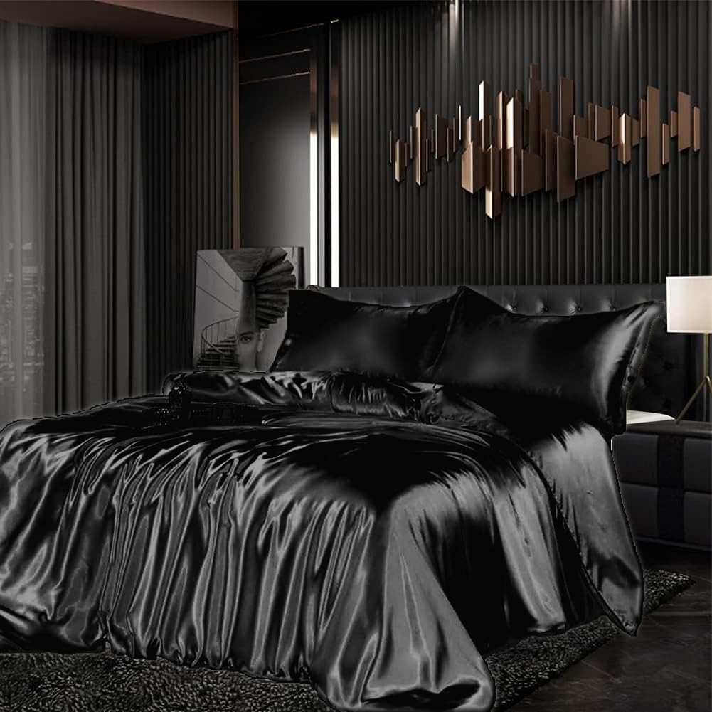 Bettwäsche Set Satin 200x220cm 3teilig Schwarz Silky Touch Glänzend Seide Einfarbig Bettbezug Set Glatt Luxus Schwarze Bettwäsche Set weicher Doppelbettmit Reissverschluss und Kissenbezüge 80x80cm