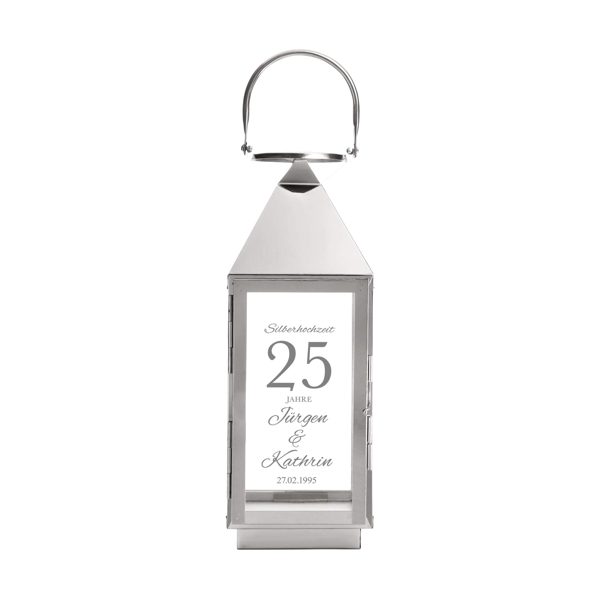 Casa Vivente Laterne aus Edelstahl mit Gravur zur Silbernen Hochzeit, Personalisiert mit Namen und Datum, Dekoration für Haus und Garten, Geschenkidee zum 25. Hochzeitstag