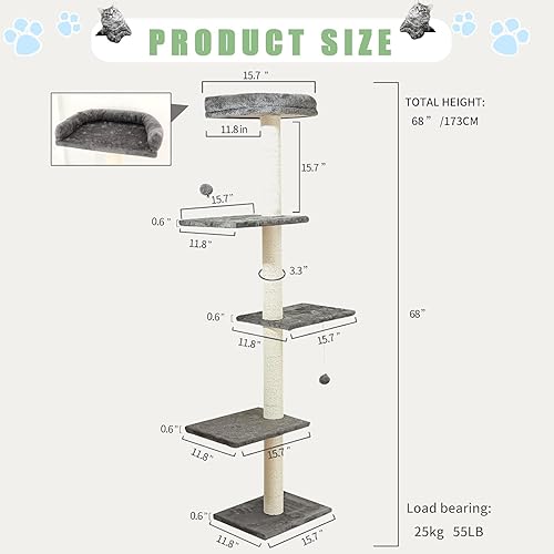 Miniatura 2 de GYKLE Torre para gatos de 5 niveles de piso a techo, altura de 70 pulgadas, árbol alto para gatos montado en la pared con poste rascador y torre de