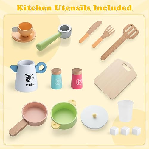 Miniatura 7 de INFANS Juego de cocina para niños, juego de cocina de juguete de cocina con estufa de cafetera, fregadero extraíble, gabinete de almacenamiento para