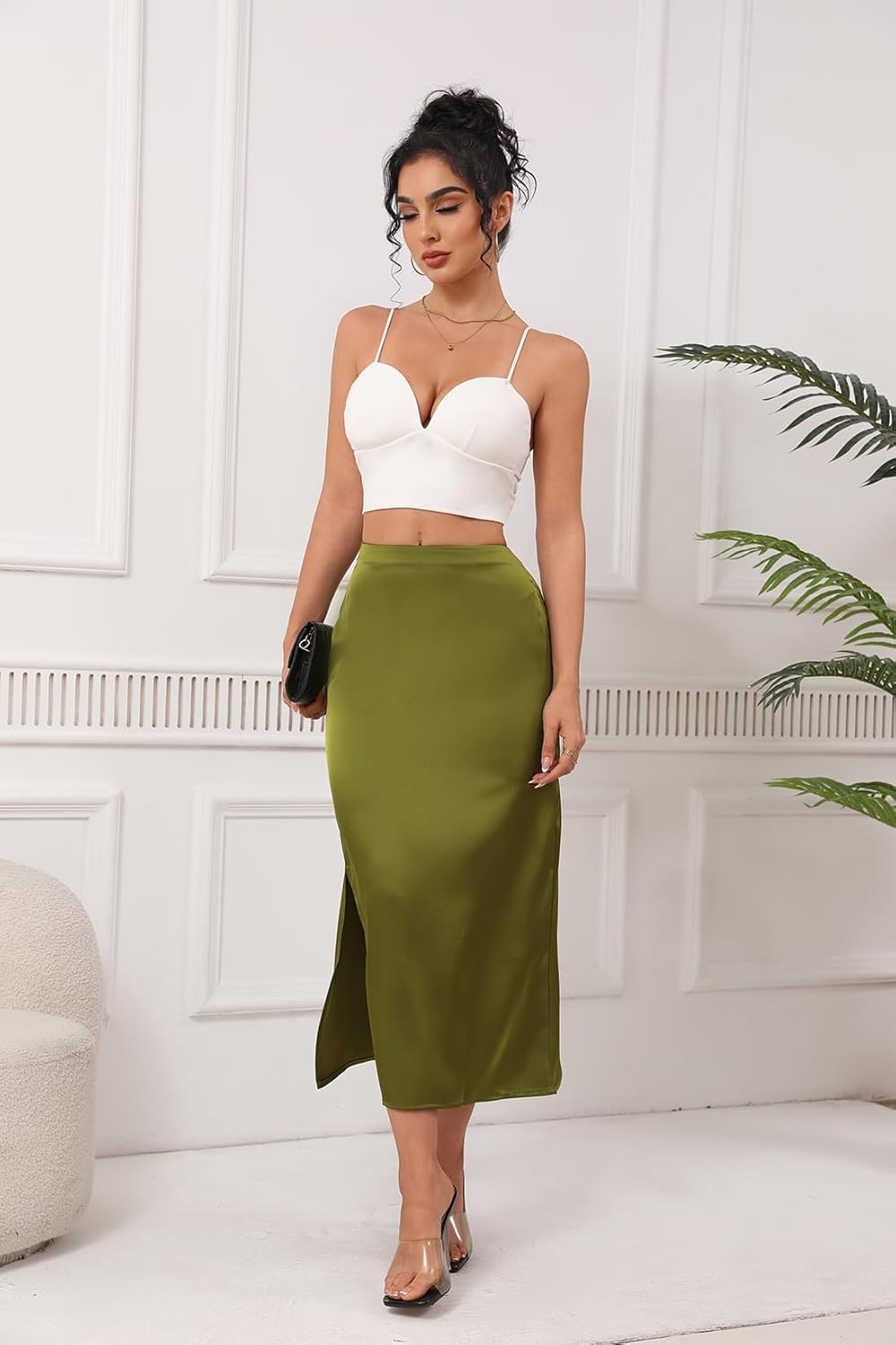 Women's Satin Midi Skirt Dressy Elastic High Waisted Silk Slip Flowy Ruffle Flared Cocktail Party Work A Line Skirts - Image 6