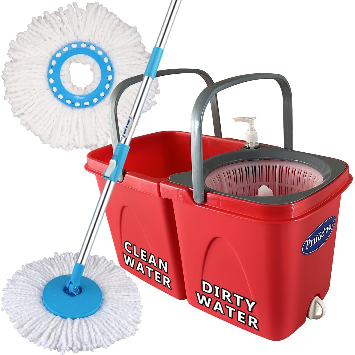 Primeway® Polypropylene Twin Double Bucket w/Handle 360 Rotating Magic Spin Mop Floor Cleaning Set with 2 Microfibre 34cm 115g Refills, 6 LTR, Red (Twin Mop w/Blue Refills) (B0C8YWL4Z1) Amazon Price History, Amazon Price Tracker