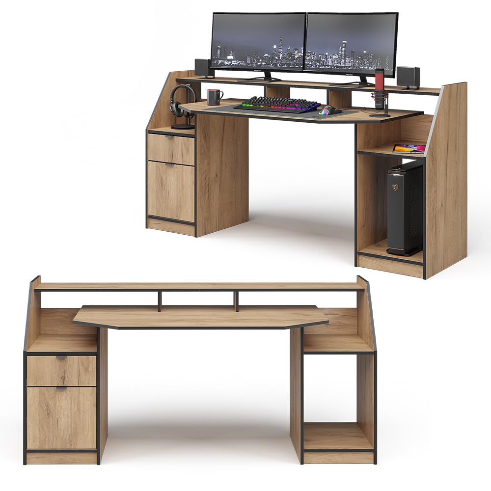 Vicco Gaming-Tisch Joel, Goldkraft Eiche, 179.8 x 65.5 cm | mit 1 Schublade und 1 Tür, mit Ablageflächen für Zubehör und erhöhtem Monitoraufsatz
