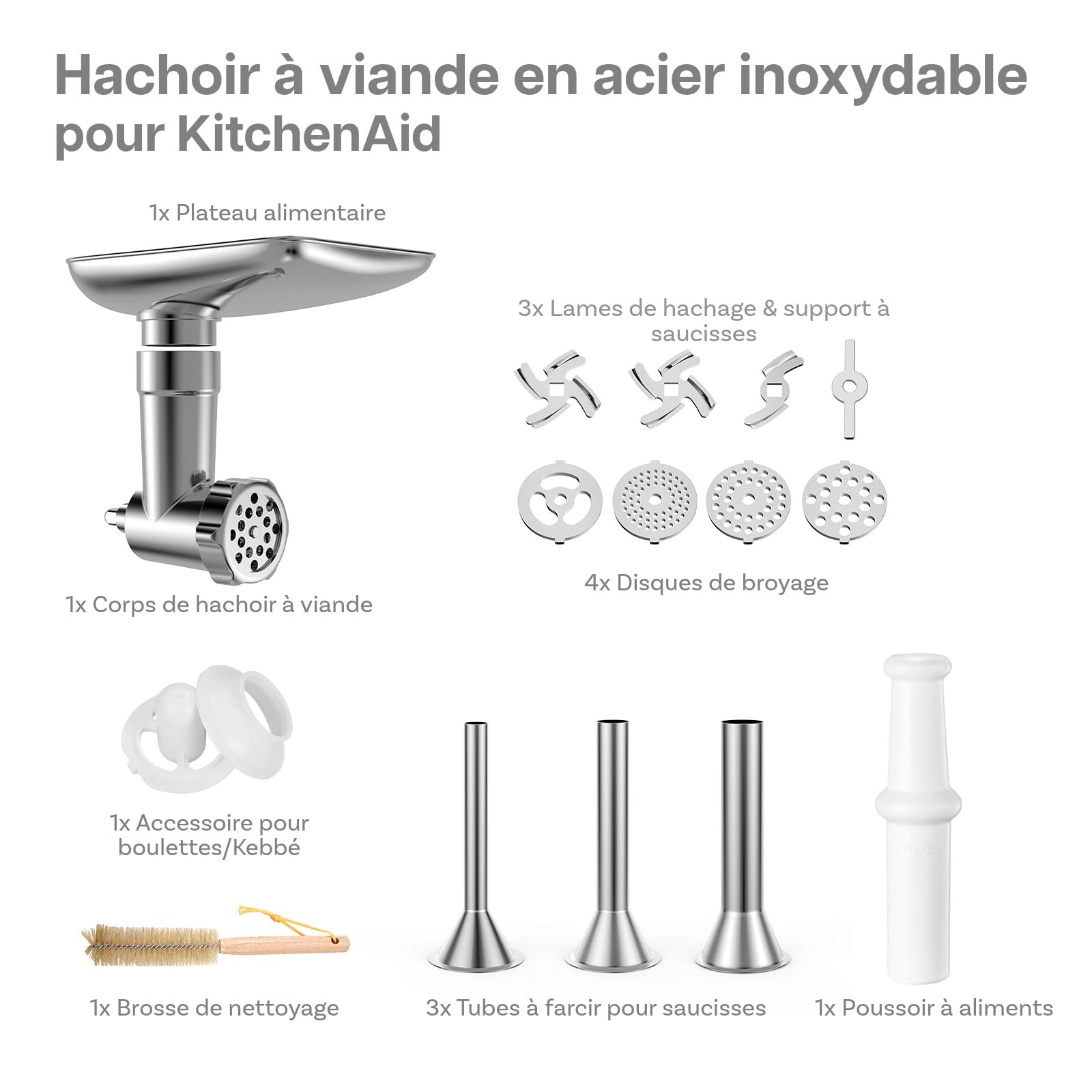 Hachoir à Viande en Acier Inoxydable pour KitchenAid – 4 Plaques de Broyage, 3 Tubes à Farcir pour Saucisses, 2 Lames de Broyage & 1 Moule à Boulettes de Viande – Lave-Vaisselle – Par MMOBIEL